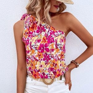 SHEIN VCAY Allover Floral Print Knot One Shoulder Blouse